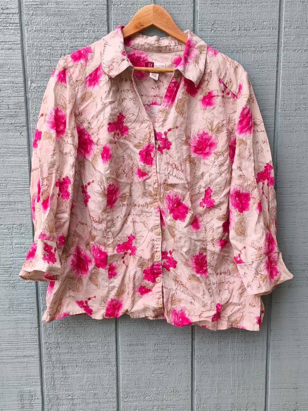 JM Collection 100% Linen Button Front Blouse Ruffle Sleeve sz 20W Tan Pink